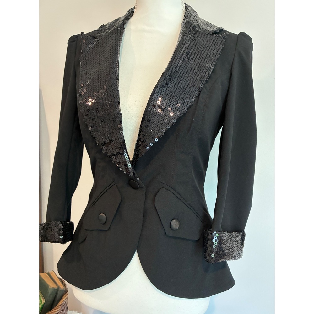 Black Sequin Blazer Women Size Small Stretch Tuxedo Jacket - Picture 3 of 10